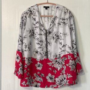 ALFANI Women's Pink Chiffon Floral Colorblock Top Sz Med 1/2 front zipper v-neck